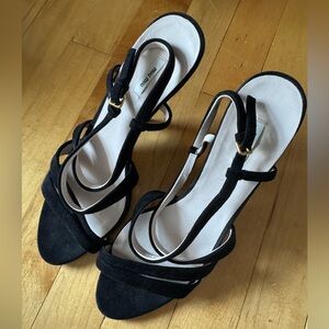 Gorgeous suede Miu Miu sandals with gold plate heel detail!